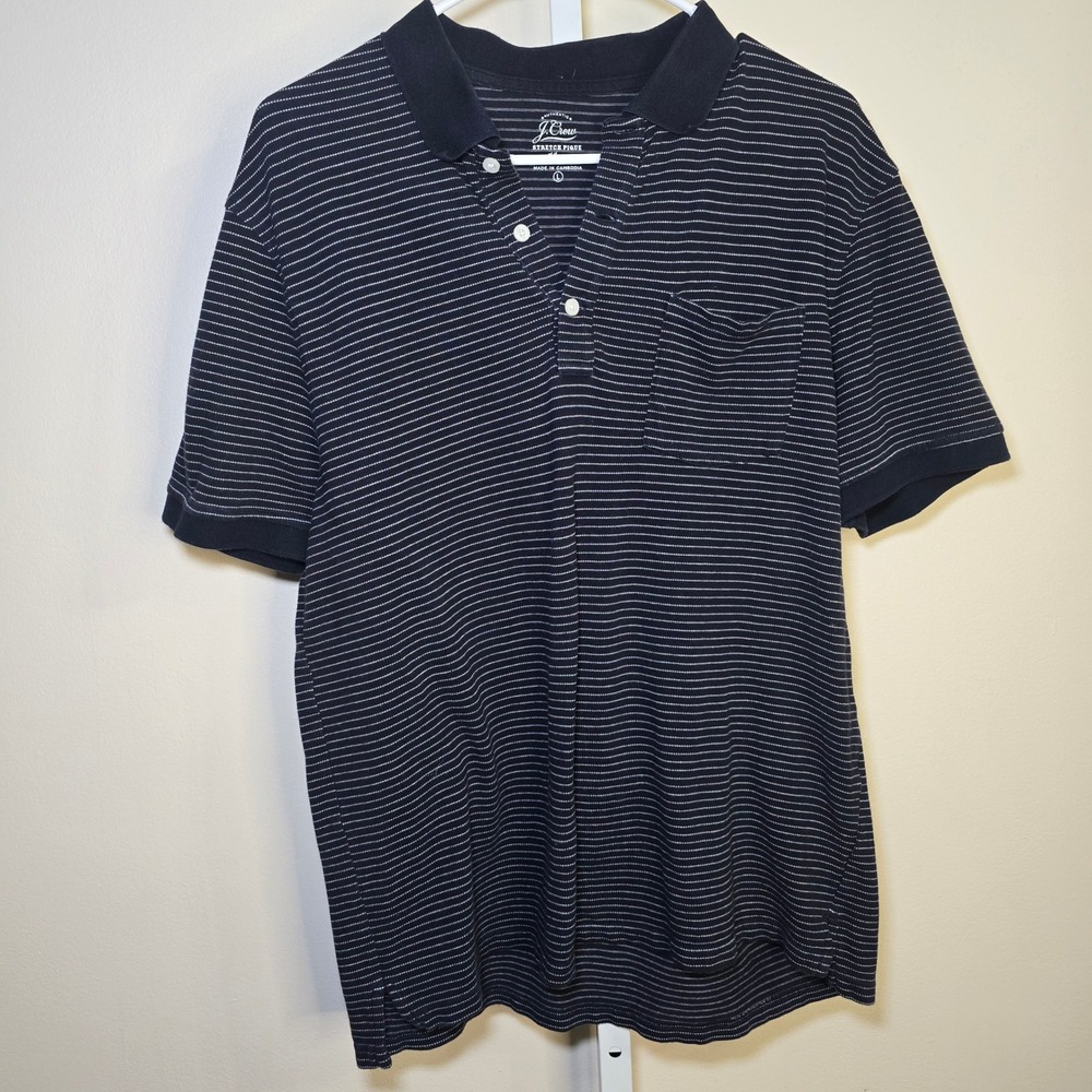 J.Crew Mens Stretch Pique Polo Shirt Navy Blue White Micro Stripe Large Pocket